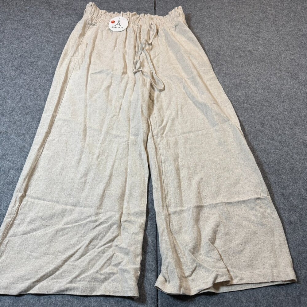 Anrabess Pants Womens Large Beige Rayon Capri Wide Leg High Rise Elastic Waist